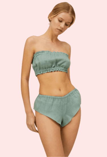 2-Pack Natural Flax Linen Ruffled Bandeau & Vintage Knickers Set - Purely Femme