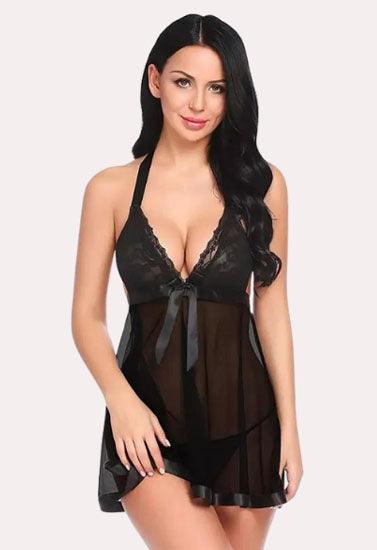 "Purely Femme" Flirty Sheer and Lace Chemise in Black.