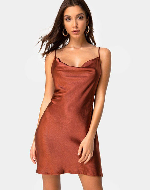 Elegant Dark Rust Satin Slip Dress - Purely Femme