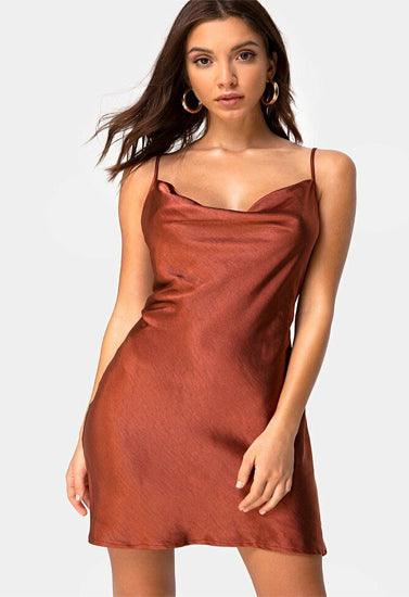 Elegant Dark Rust Satin Slip Dress - Purely Femme