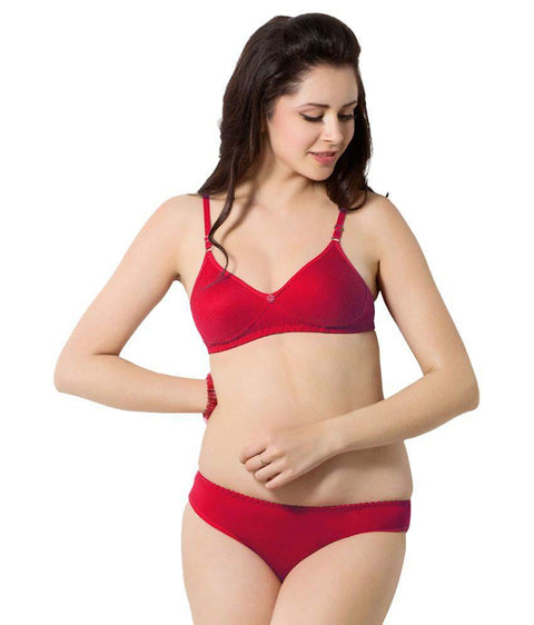 Cute Solid Red Pure Cotton Bra Panty Set - Purely Femme