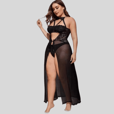 Plus Size Split Long Mesh Babydoll Nightwear - Purely Femme