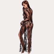 "Purely Femme" Floral Lace-Trimmed Black Transparent Robe.