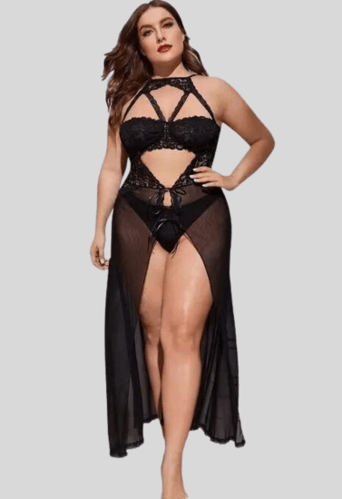 Plus Size Split Long Mesh Babydoll Nightwear - Purely Femme