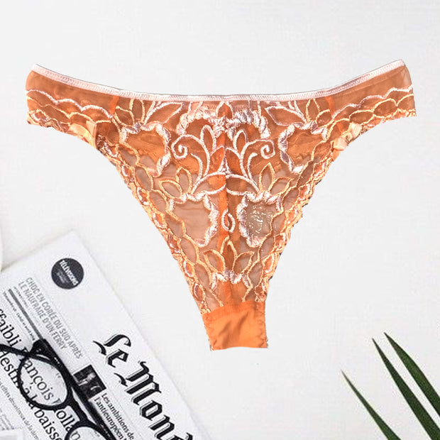 Sexy Keyhole Orange Embroidery Lace Thong