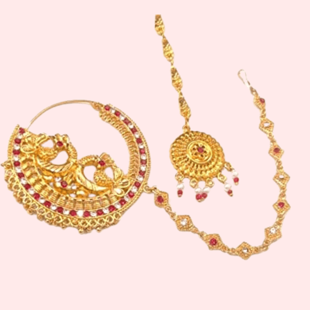 Garhwali Gold Plated Bridal Nose Ring with Chain - Purely Femme