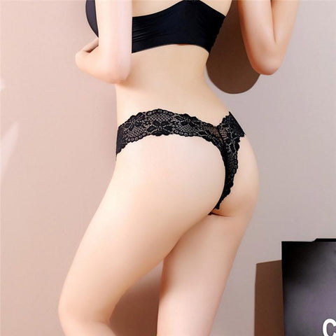 Ladies Lace V-string Thong Straps black panties - Purely Femme