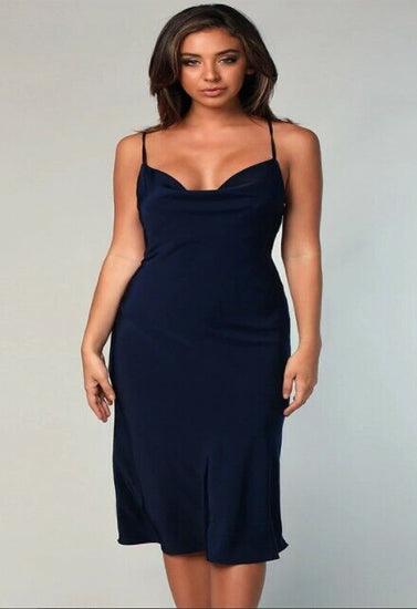 Navy Satin Cowl Neck Midi Dress - Purely Femme