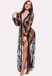 "Purely Femme" Floral Lace-Trimmed Black Transparent Robe.