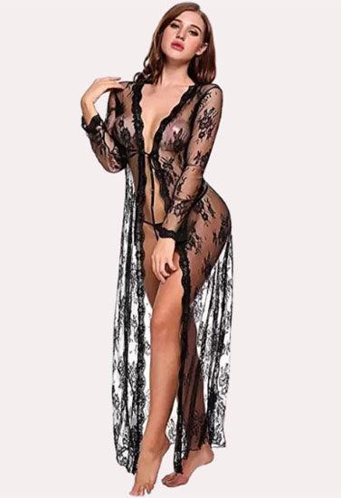 "Purely Femme" Floral Lace-Trimmed Black Transparent Robe